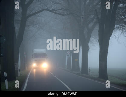 Motzen, Deutschland. 13. Dezember 2013. Ein LKW fährt durch den Morgennebel in der Nähe von Motzen, Deutschland, 13. Dezember 2013. Berlin war Freitagmorgen in dichten Nebel gehüllt. Foto: BERND VON JUTRCZENKA/Dpa/Alamy Live-Nachrichten Stockfoto