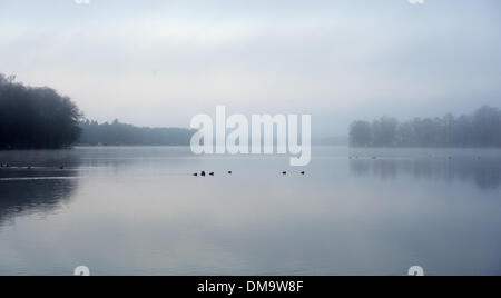 Motzen, Deutschland. 13. Dezember 2013. Der Nebel Slowley klärt über dem See in Motzen, Deutschland, 13. Dezember 2013. Berlin war Freitagmorgen in dichten Nebel gehüllt. Foto: BERND VON JUTRCZENKA/Dpa/Alamy Live-Nachrichten Stockfoto