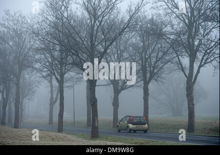 Motzen, Deutschland. 13. Dezember 2013. Ein Auto fährt durch den Morgennebel in der Nähe von Motzen, Deutschland, 13. Dezember 2013. Berlin war Freitagmorgen in dichten Nebel gehüllt. Foto: BERND VON JUTRCZENKA/Dpa/Alamy Live-Nachrichten Stockfoto