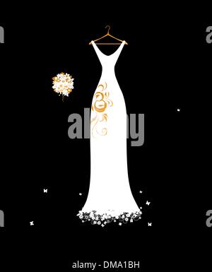 Brautkleid weiß auf Kleiderbügel mit Blumenstrauß Stock Vektor