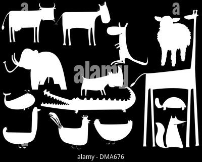 tierische weiße Silhouetten auf schwarzem Hintergrund isoliert Stock Vektor
