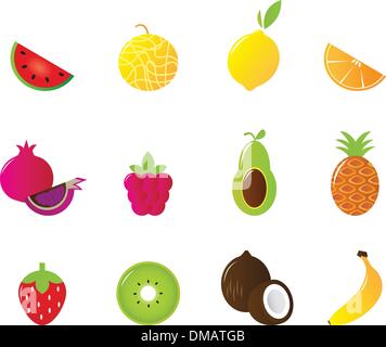 Saftige Frucht Icons Set isoliert auf weiss Stock Vektor