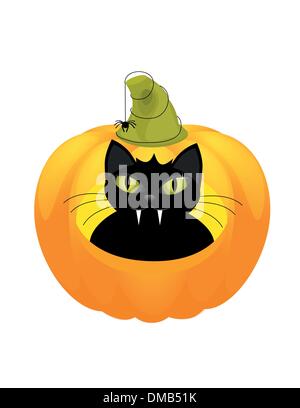 Katze auf einer Halloween-Kürbis. Stock Vektor