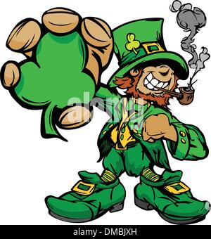 St. Patricks Day Kobold hält Shamrock Clover lächelnd Stock Vektor