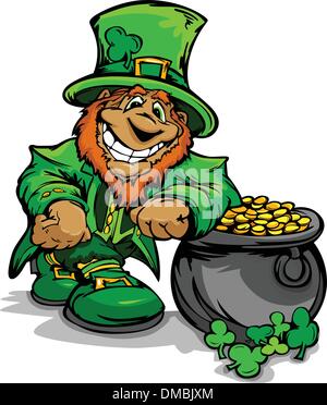 Lächelnde St. Patricks Day Kobold mit Topf voll Gold Stock Vektor