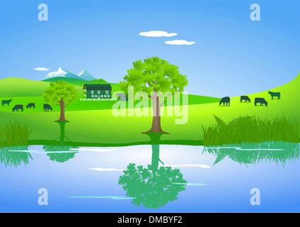 Landschaft mit Kühen auf einem See Stock Vektor