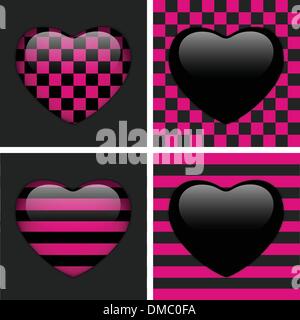 Satz von vier glänzenden Emo Herzen. Pink und schwarz Schach und Streifen Stock Vektor