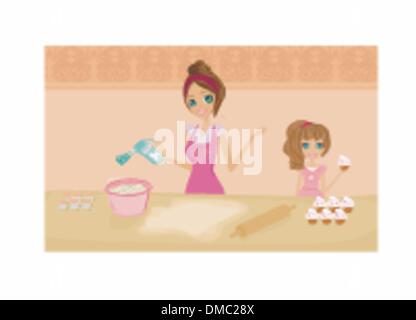 Glückliche Mutter ihre Tochter in der Küche zu helfen Stock Vektor