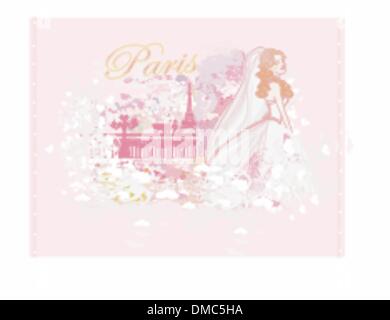 Schöne Braut in Paris Karte Stock Vektor