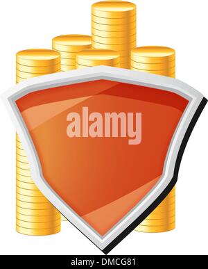 Geld-Symbol mit Schild und Münzen Stock Vektor