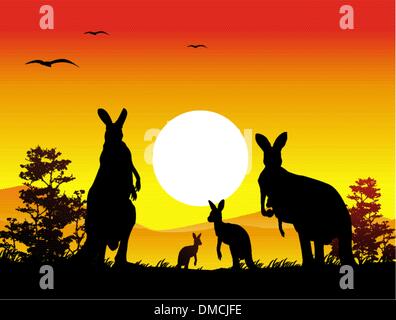 Silhouette der Känguru-Familie mit Landschaft Hintergrund Stock Vektor