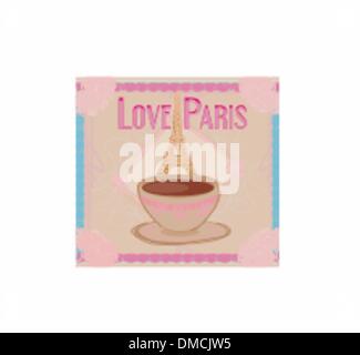 Liebe Paris Eiffel Turm und Kaffee über rosa Hintergrund. v Stock Vektor