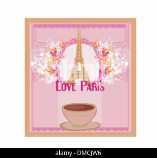 Liebe Paris Eiffel Turm und Kaffee über rosa Hintergrund. v Stock Vektor