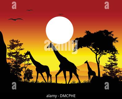 Schönheit-Silhouette des Giraffen-Familie Stock Vektor