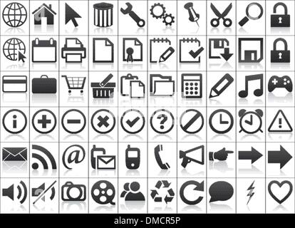 schwarzen Web Icons mit Reflexionen auf weißem Hintergrund Stock Vektor
