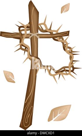Ein hölzernes Kreuz und eine Krone aus Dornen Stock Vektor