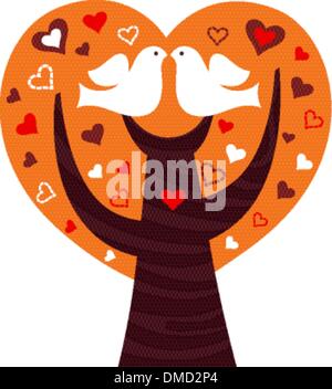 Vögel-paar in einem orange Herz Baum isoliert auf weiss Stock Vektor