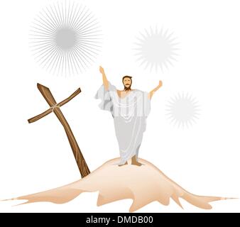Jesus Christus mit hölzernen Kreuz auf einem Berg Stock Vektor