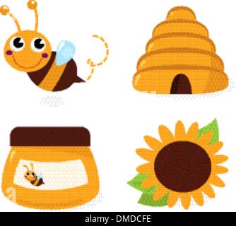 Biene und Honig Symbole Satz isoliert auf weiss Stock Vektor