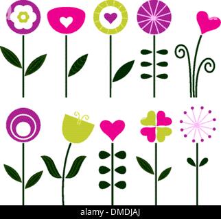 Elegante Retro-Blumen, isoliert auf weiß - schwarz und bunt Stock Vektor