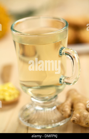 Frisch zubereitete heiße Ingwer Tee aus frischer Ingwer im Glas serviert Stockfoto