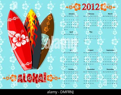 Vektor-blaue Aloha-Kalender 2012 mit Surfbrettern Stock Vektor