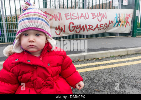 Aberystwyth, Wales, UK. 14. Dezember 2013 junge Kind bei einer Protestkundgebung, wo Mitglieder des The Welsh Language Society-Druck-Gruppe waren anbringen Vorhängeschlösser an den Sicherheitszaun rund um den Welsh Regierungsstellen in Aberystwyth.   Das Banner hinter ihrem Sdays "Ich will Leben in Walisisch" jedes Schloss mit seinem handgeschriebenen Etikett, symbolisiert, wie sie wahrnehmen, die walisische Sprache ist "Sie gesperrt werden" Gemeinschaften und Alltag in ganz Wales und ihren Aufruf zum Handeln zur Erhaltung und Förderung des Einsatzes von Sprache auf allen Ebenen der Regierung in Wales Foto © Keith mor Stockfoto