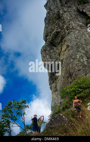 Rarotonga-Insel. Cook Island. Polynesien. Süd-Pazifik. Ein Stein geformte menschliche Figur während der Überfahrt des Waldes Stockfoto