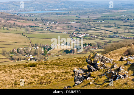 Blick vom Gauner Peak, Somerset, in Richtung Compton Bishop, Cheddar Reservoir und den Somerset Levels Stockfoto