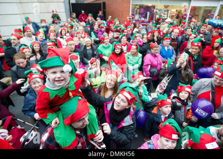 Bridgend, Wales. 14. Dezember 2013. Ein neuer Rekord wurde festgelegt, für die größte Zusammenkunft von Elfen nach 1.312 Menschen angezogen als Elfen am 14. Dezember 2013, versammelten sich im Stadtzentrum von Bridgend (Foto von Matthew Horwood/Alamy Live News) Stockfoto