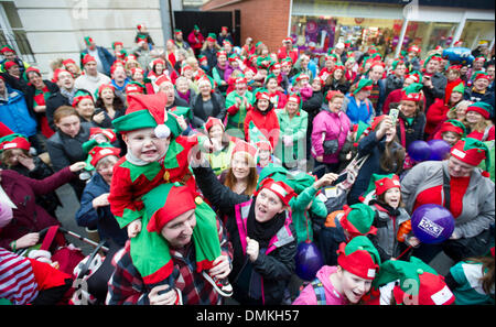 Bridgend, Wales. 14. Dezember 2013. Ein neuer Rekord wurde festgelegt, für die größte Zusammenkunft von Elfen nach 1.312 Menschen angezogen als Elfen am 14. Dezember 2013, versammelten sich im Stadtzentrum von Bridgend (Foto von Matthew Horwood/Alamy Live News) Stockfoto