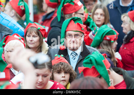 Bridgend, Wales. 14. Dezember 2013. Ein neuer Rekord wurde festgelegt, für die größte Zusammenkunft von Elfen nach 1.312 Menschen angezogen als Elfen am 14. Dezember 2013, versammelten sich im Stadtzentrum von Bridgend (Foto von Matthew Horwood/Alamy Live News) Stockfoto