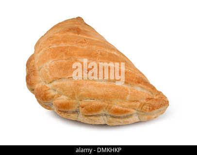 Eine einzelne Cornish Pasty vor einem weißen Hintergrund isoliert Stockfoto