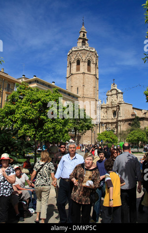 Plaza De La Reina mit Torre Miguelete, Kathedrale, Valencia, Spanien, Europa Stockfoto