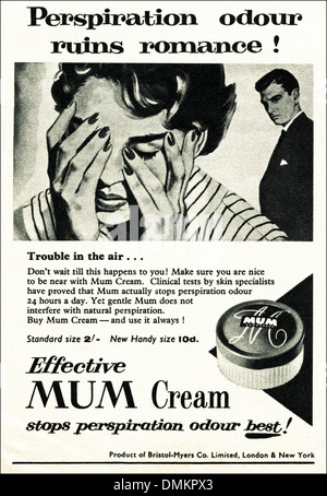 1950er Jahre Werbung. Vintage original Anzeige Anzeige für Mama-Schweiß-Creme für Frauen Stockfoto