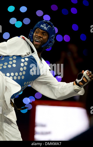 Halbfinale männlich + 80 GUILHERME FELIX (BRA)(Red) V ANTHONY MYLANN OBAME (GAB)(Blue), WTF World Taekwondo Grand Prix, Manchester UK Stockfoto