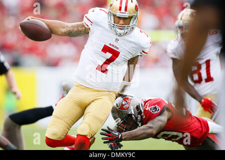 Tampa, Florida, USA. 15. Dezember 2013. WILL VRAGOVIC | Times.San Francisco 49ers Quarterback, die Colin Kaepernick (7) außerhalb der Grenzen von Tampa Bay Buccaneers Cornerback Leonard Johnson (29) auf einem 10-Yard laufen im vierten Quartal des Spiels zwischen den Tampa Bay Buccaneers und die San Francisco 49ers im Raymond James Stadium in Tampa am Sonntag, 15. Dezember 2013 geschoben wird. Die 49ers schlagen die Bucs 33-14. Bildnachweis: Willen Vragovic/Tampa Bucht Times/ZUMAPRESS.com/Alamy Live-Nachrichten Stockfoto