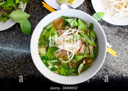 Vietnamesische würziges Geschnetzeltes Rindfleisch und Nudeln pho bo Suppe Stockfoto