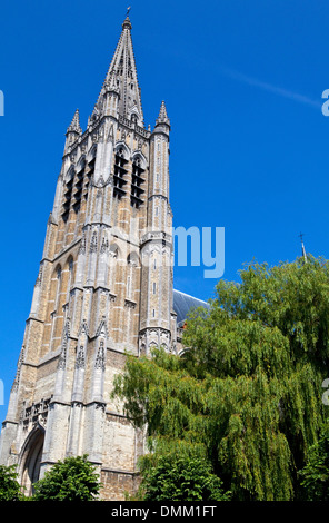 Nach oben auf die beeindruckende St. Martins Dom in Ypern, Belgien. Stockfoto