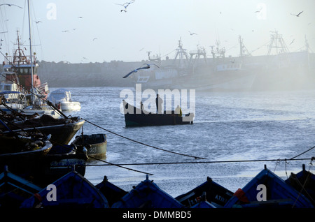 Boote der Fischer vertäut im Hafen von Essaouira, Marokko Stockfoto