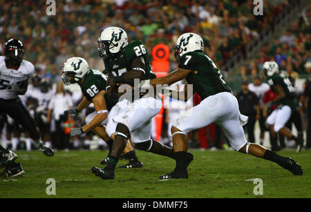 15. Oktober 2009: South Florida Quarterback B.J. Daniels #7 übergibt den Ball an Südflorida Runningback Mike Ford #26 in der ersten Hälfte von der South Florida gegen Cincinnati College-Football-Spiel im Raymond James Stadium in Tampa, FL statt. (Credit-Bild: © Southcreek Global/ZUMApress.com) Stockfoto