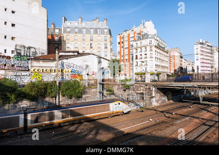 Paris, Frankreich: Eurostar-Zug nach London nach dem verlassen von Gare du Nord Bahnhof Stockfoto