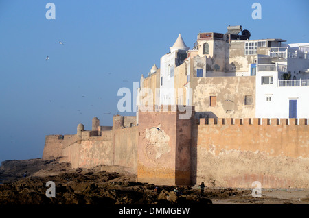 Blick von Skala du Port in Richtung Stadtmauern der Medina, der Altstadt von Essaouira, die Stadt an der Küste von Marokko. Stockfoto