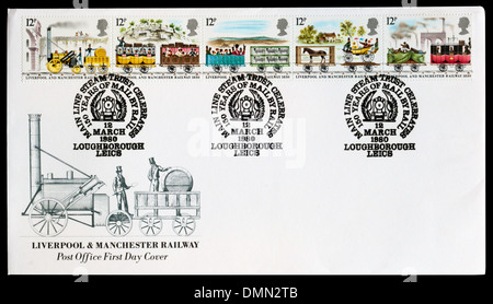 1980 Ersttagsbrief zum 150-jährigen Jubiläum der Post mit der Bahn, postmarked in Loughborough. Zeigt die Liverpool & Manchester Railway. Stockfoto