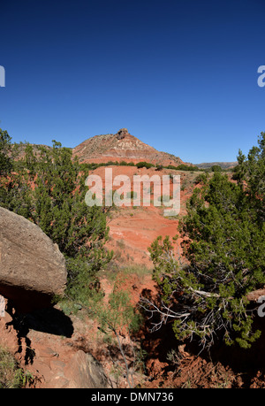 Rote Erde und Berge in den Palo Duro Canyon State Park in der Nähe von Amarillo in Texas Panhandle Stockfoto