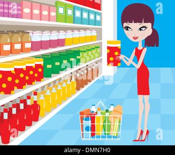 Frau Cartoon in einem Supermarkt Stock Vektor