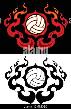 Volleyball mit flammenden Grenze-Tattoo-Vektor-Illustration Stock Vektor