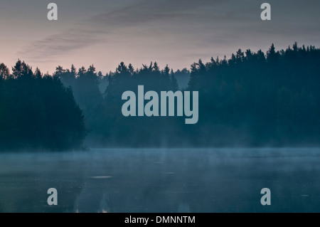 Nebel über einem See am Morgen Stockfoto