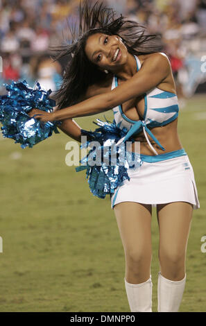 Sep 03, 2009 - Spartanburg, South Carolina, USA - 3. September 2009: A Carolina Panther Cheerleader versucht, das Publikum zu begeistern, die Pittsburg Steelers gegen die Carolina Panthers 21-10 bei Bank of America Stadium in Charlotte, North Carolina. (Kredit-Bild: © Margaret Bowles/Southcreek Global/ZUMApress.com) Stockfoto