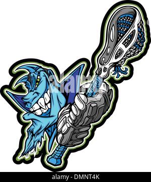 Blauer Dämon Maskottchen Holding Lacrosse-Stick-Vektor-Illustration Stock Vektor